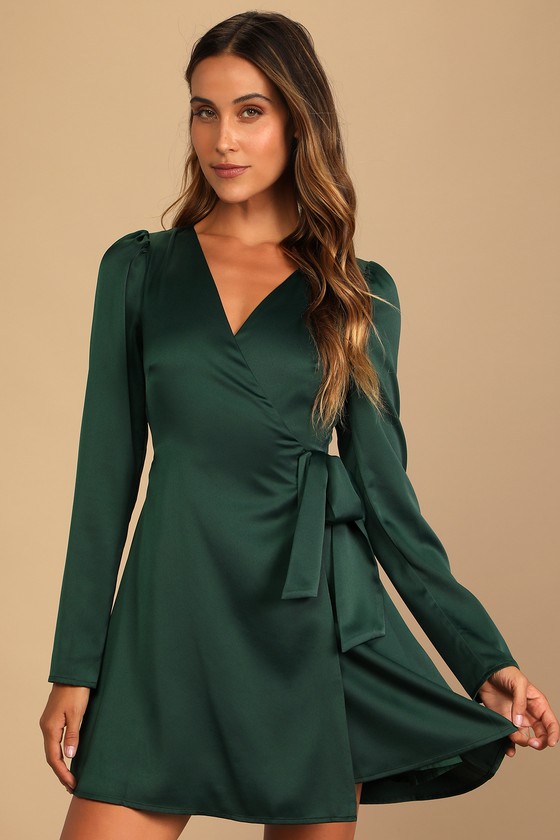 Green Satin Dress - Long Sleeve Mini ...